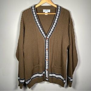 Vintage Italian Knit Cardigan XL Brown Ribbed Wool Blend